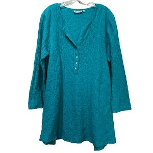 Habitat Large Teal Blue Long Sleeve Longline Lagenlook Weave Tunic Top Blouse R6